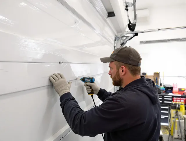 Florence-Graham Garage Door Repair technician demonstrating precision dent removal techniques on a Florence-Graham garage door