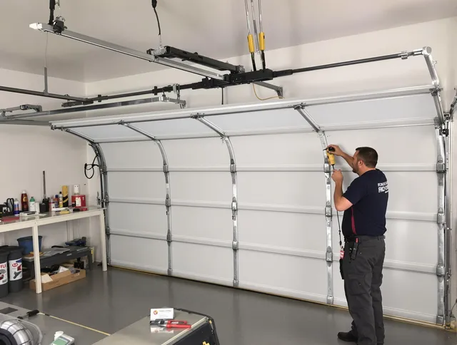 Florence-Graham Garage Door Repair certified technician performing overhead door system repair in Florence-Graham