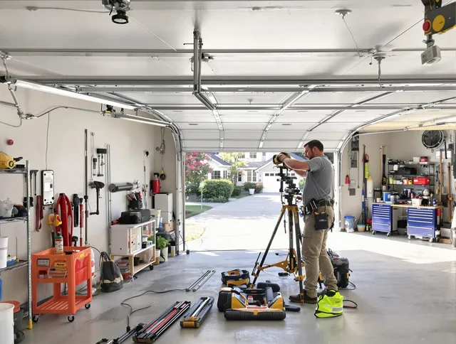 Florence-Graham Garage Door Repair specialist performing laser-guided track alignment in Florence-Graham